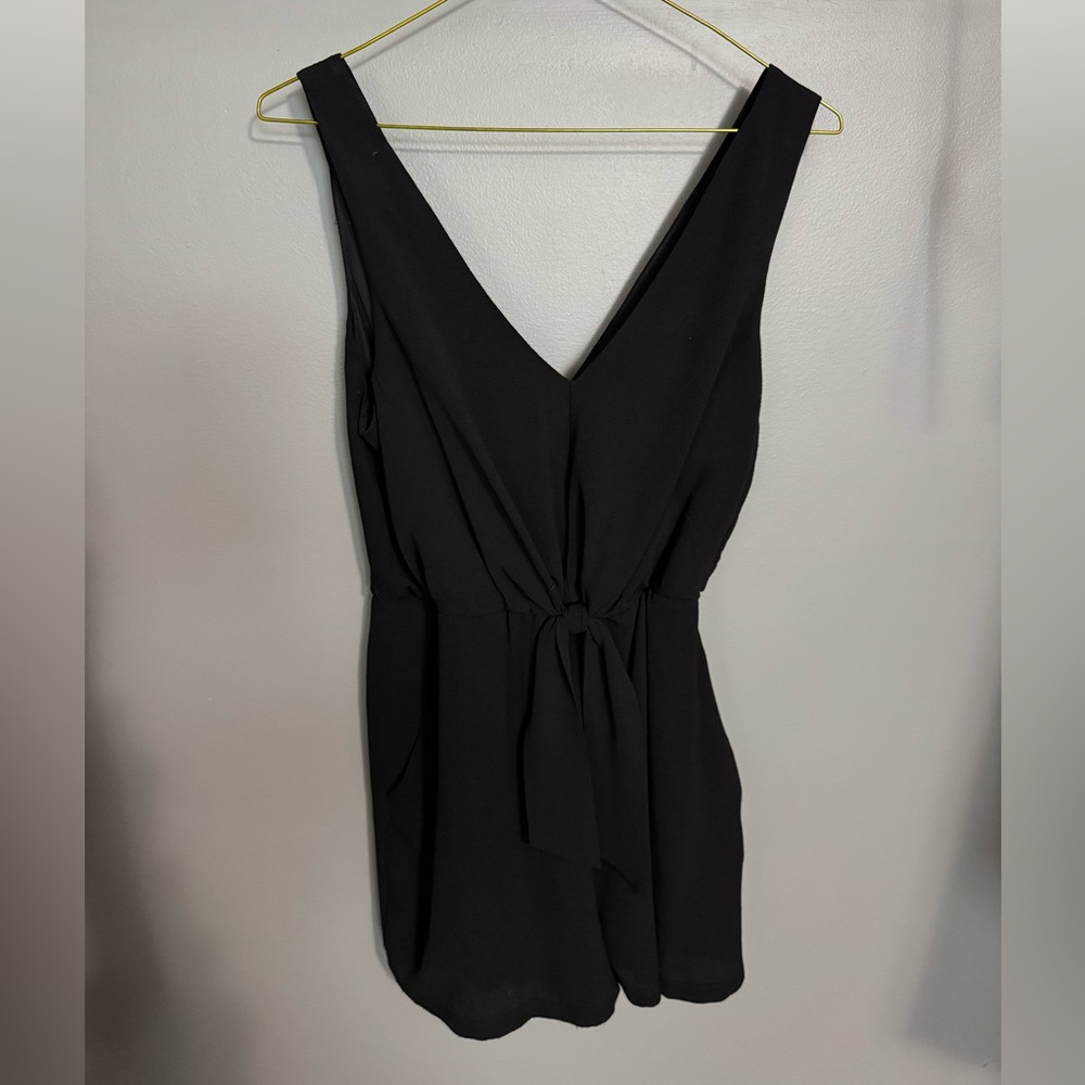 Black V Neck Romper w/ pockets and bow in front